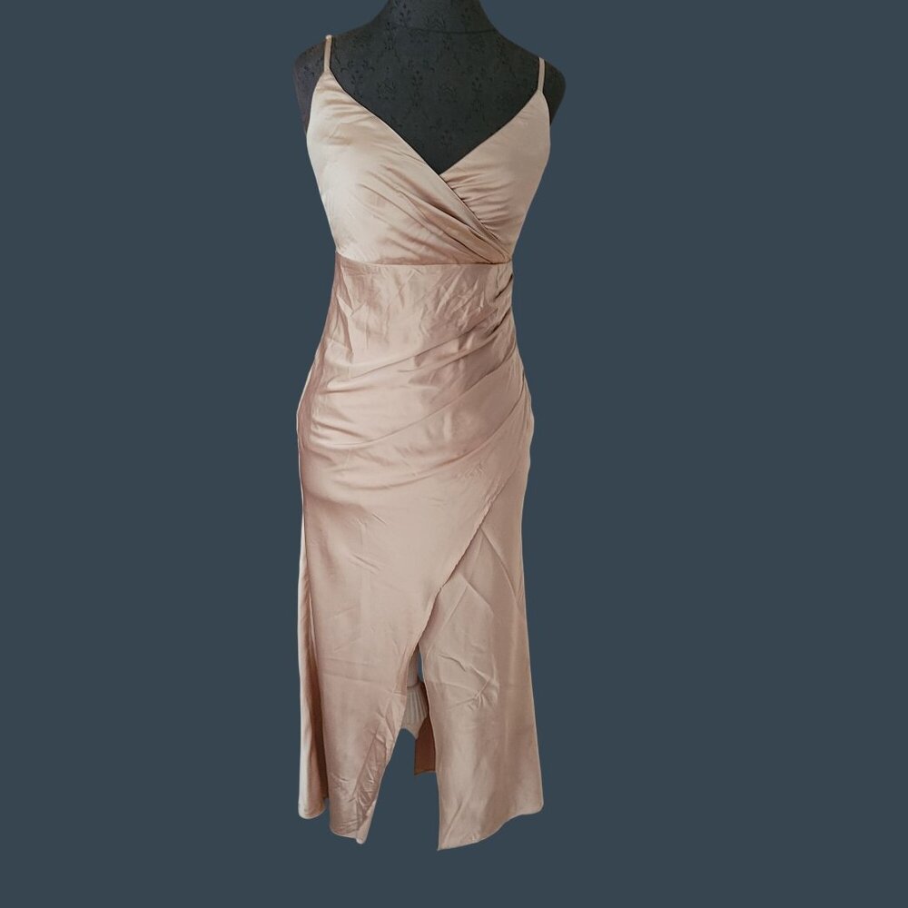 Hello Molly Satin Midi Dress Sz S US 4 Beige Sleeveless V-Neck Ruched Design NWT